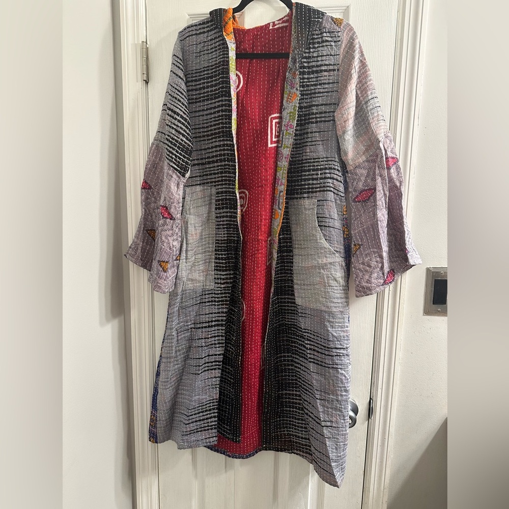 Renew Vintage Reversible Floral Kantha Long Hooded Cardigan